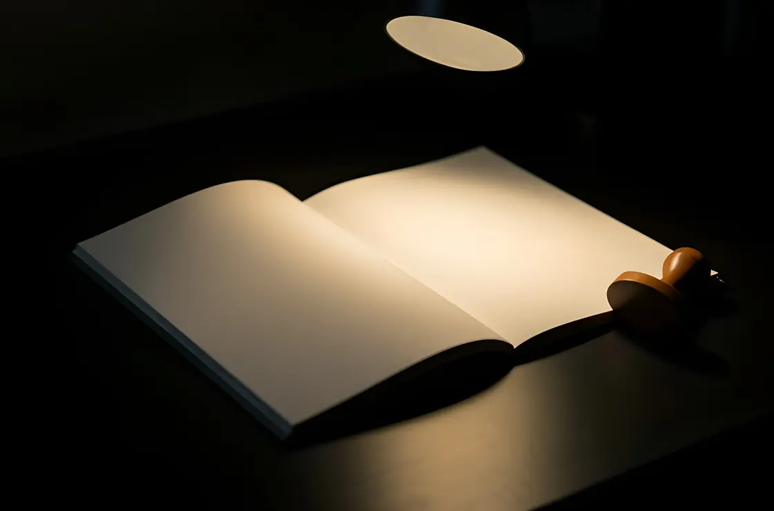 Раскрытая книжка документа на тёмном столе под настольной лампой