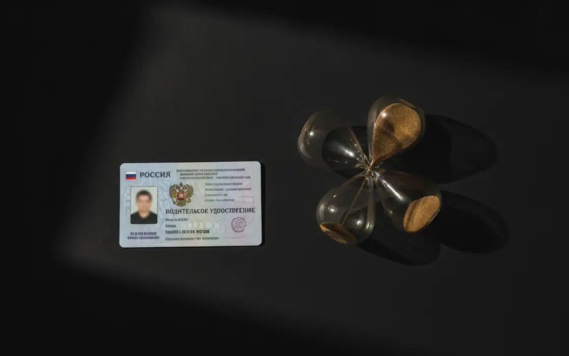 Водительское удостоверение и остановившиеся песочные часы на тёмном фоне