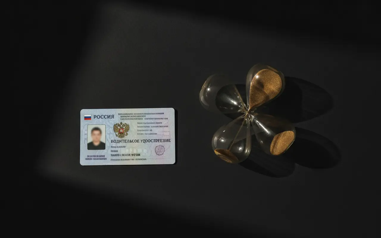 Водительское удостоверение и остановившиеся песочные часы на тёмном фоне — иллюстрация к разбору о лишении прав