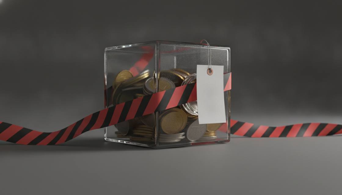 Стеклянный сейф с монетами, перевязанными красной лентой с биркой