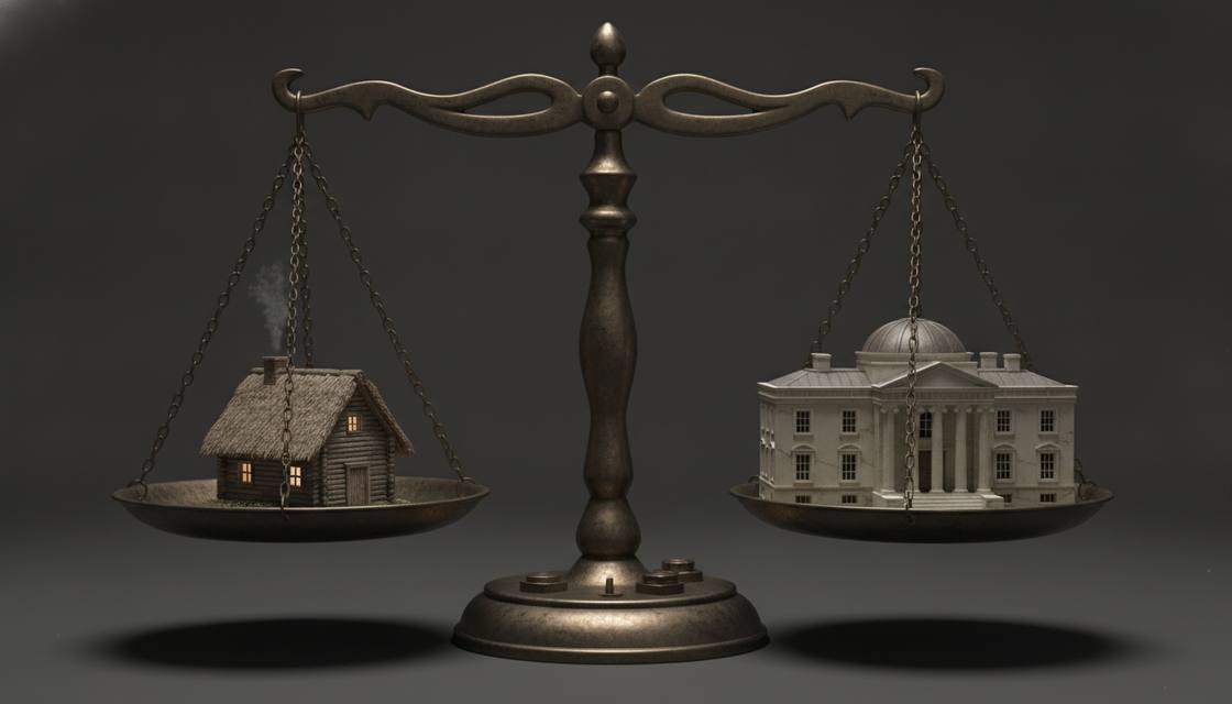 Весы со скромным домиком на одной чаше и роскошным особняком на другой